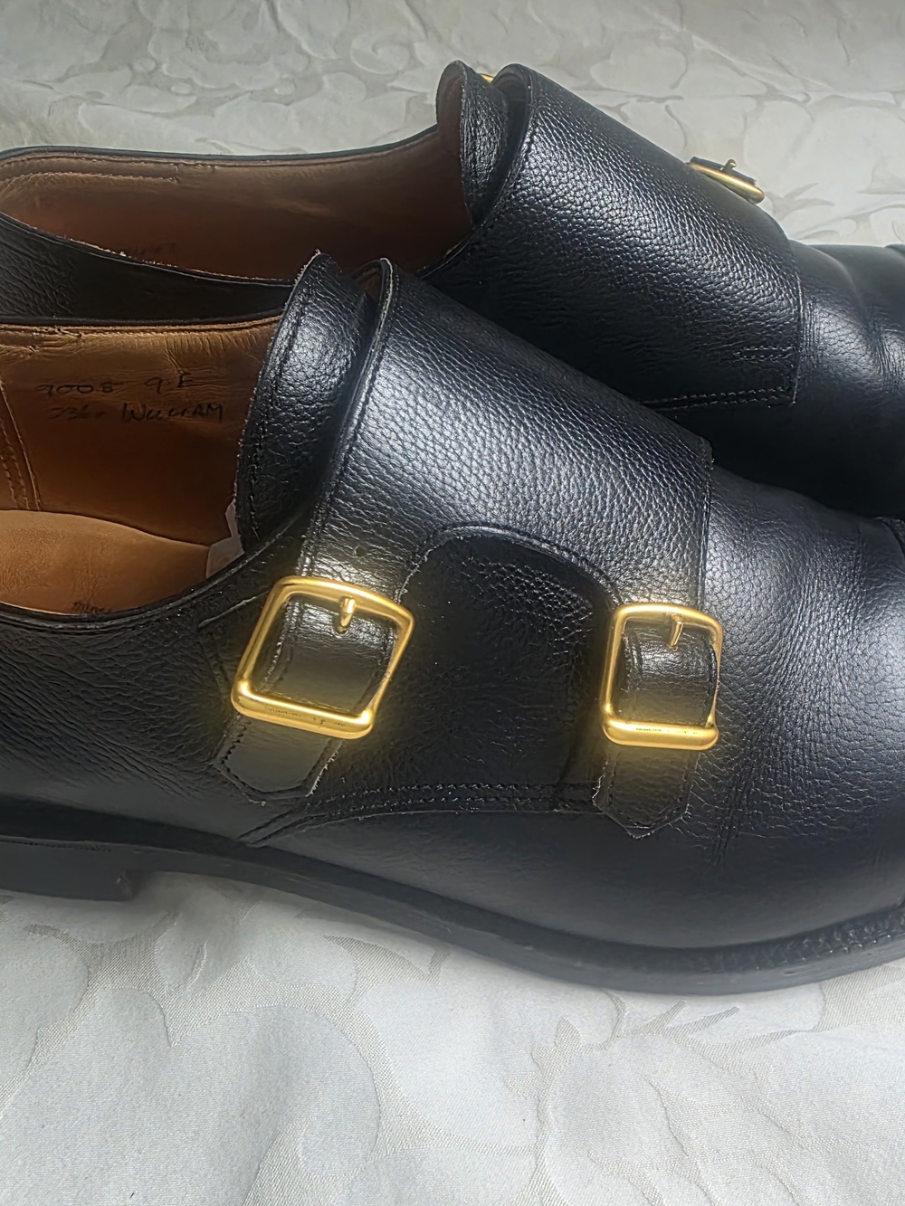 John Lobb Black Double Monk Strap Shoes with Gold Buckles